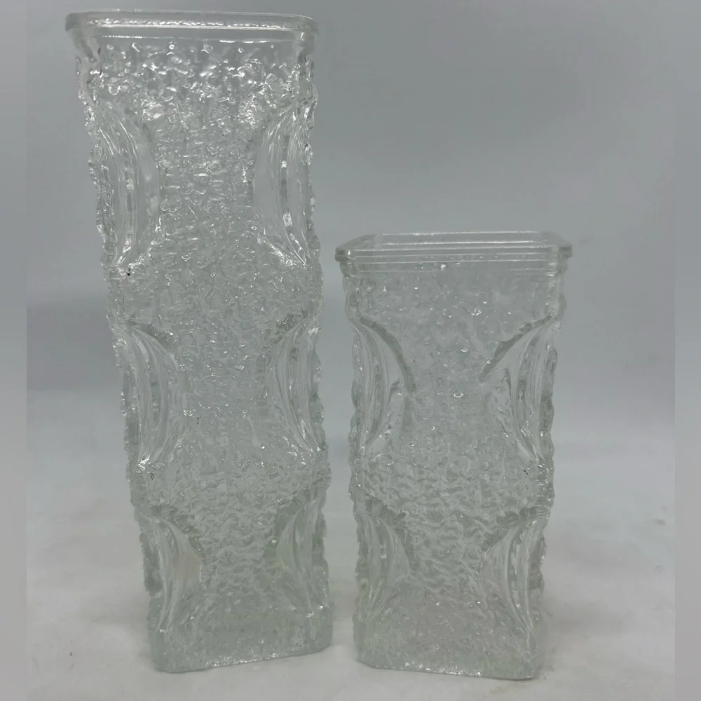 Oberglas Austria Textured Bark Glass Vases 1970's Ice Glass Small & Large